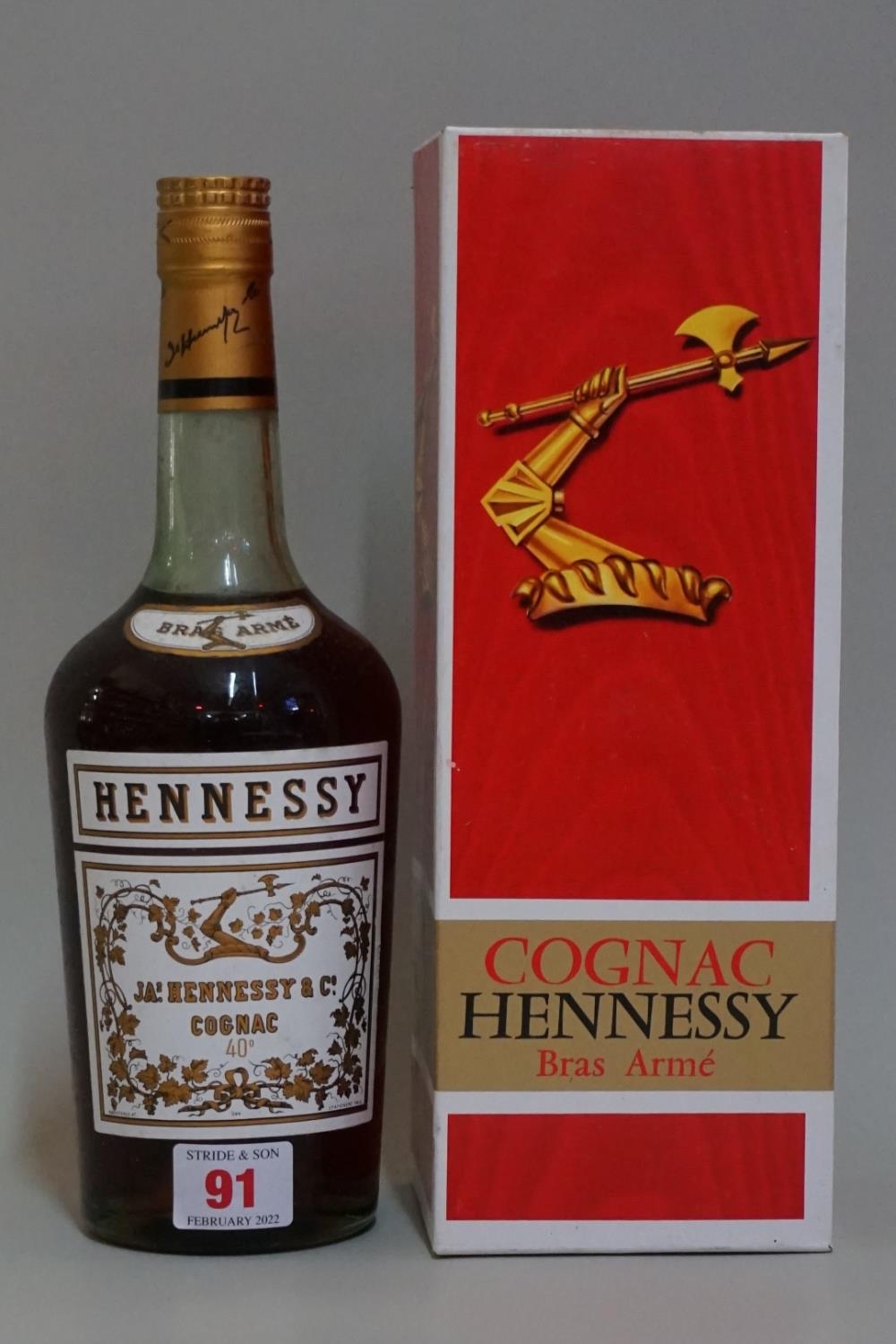 A bottle of Hennessy 'Bras Arme' cognac, probably 1960s bottling, in card  box.