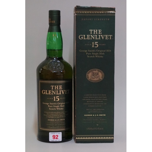 92 - A 1 litre bottle of The Glenlivet 15 year old whisky, 1990s bottling, in card box.