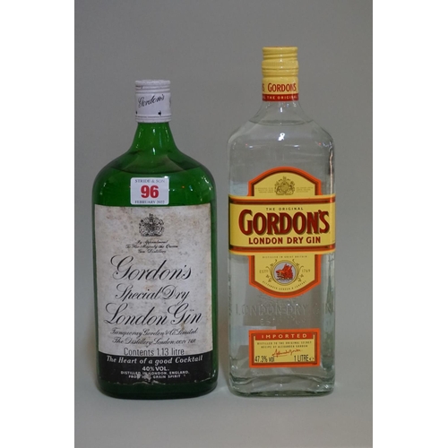 96 - An old 1.13 litre bottle of Gordon's London dry gin; together with another 1 litre bottle of Gordon'... 