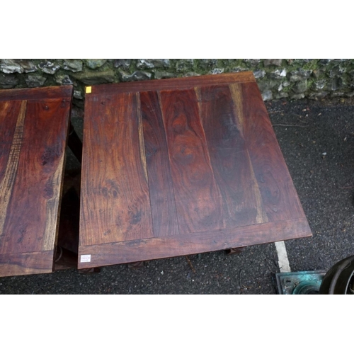 1002 - A set of three Indian hardwood tables, 59cm deep x 59cm wide x 58cm high.