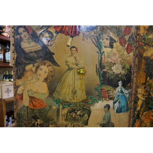 1060 - A Victorian two fold decoupage screen, double sided, 153cm x 92cm.