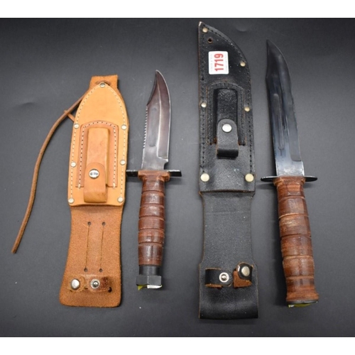 1719 - Two Bowie knives and leather sheaths, the blades 17.5cm and 12.5cm respectively.