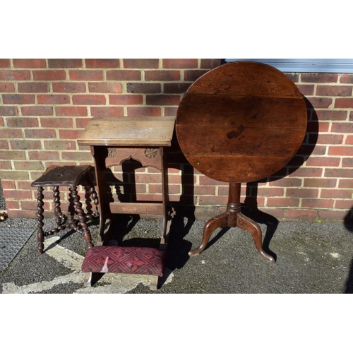 1071 - A carved oak prie dieu prayer desk; together with a Georgian oak tripod table and an oak stool.... 