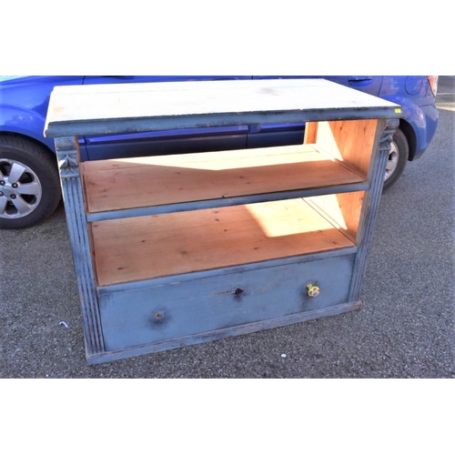 1073 - An old pine blue painted counter, 130cm wide x 64cm deep x 99cm high.