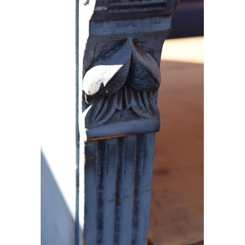 1073 - An old pine blue painted counter, 130cm wide x 64cm deep x 99cm high.