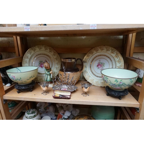 1104 - A mixed lot, to include: a Doulton Lambeth silver mounted jug; a pair of Chinese enamel bowls, 16cm ... 