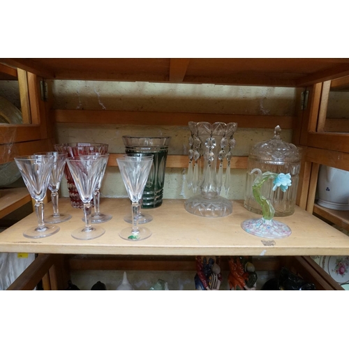 1108 - A group of glassware, to include: a St Louis ruby flashed vase, 15cm high; a clear glass lustre, 21c... 