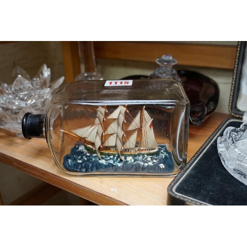 1115 - A small collection of glassware, to include a ship in glass bottle. 