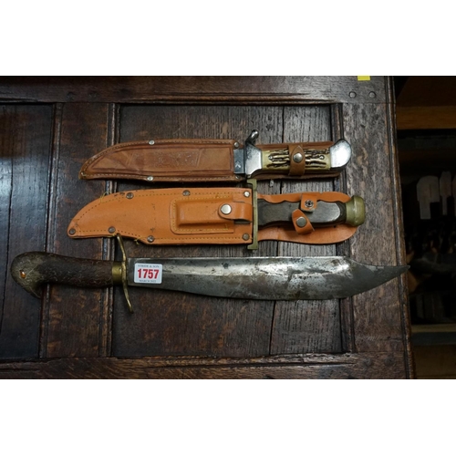 1757 - Three Bowie knives, two with leather sheaths.