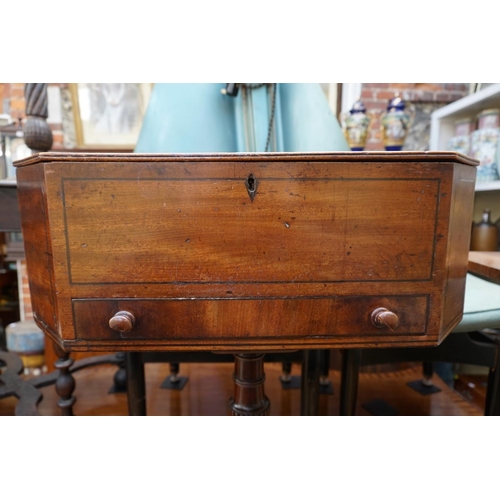 1083 - WITHDRAWN FROM SALE: An antique mahogany tripod work table, with hinged top, 56.5cm wide.... 