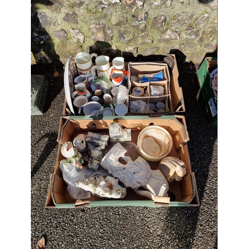 1058 - Two boxes of mixed china and sundry, to include Staffordshire pottery, alabaster items and a part co... 