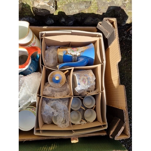 1058 - Two boxes of mixed china and sundry, to include Staffordshire pottery, alabaster items and a part co... 