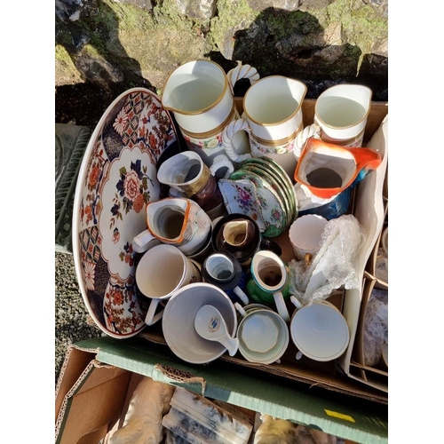 1058 - Two boxes of mixed china and sundry, to include Staffordshire pottery, alabaster items and a part co... 