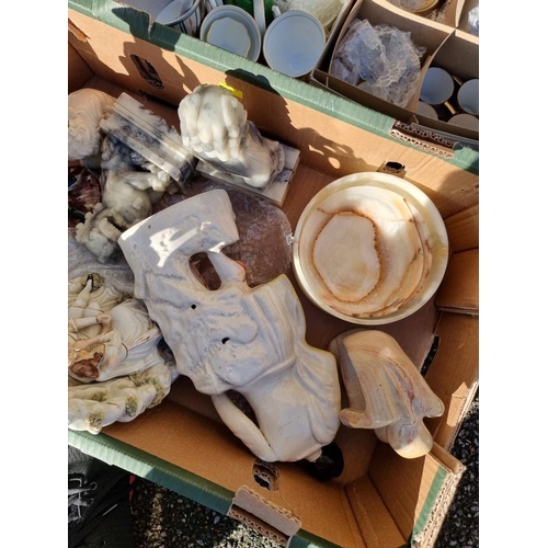 1058 - Two boxes of mixed china and sundry, to include Staffordshire pottery, alabaster items and a part co... 