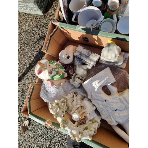 1058 - Two boxes of mixed china and sundry, to include Staffordshire pottery, alabaster items and a part co... 