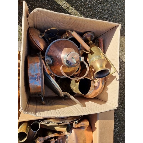 1063 - Three boxes of metalware, to include trivets, copper kettle and a brass shell case.