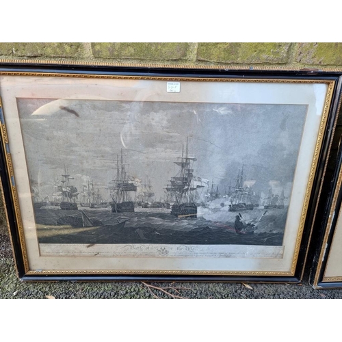 1080a - Two old engravings depicting ships at battle.