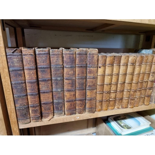 94 - ANTIQUARIAN: a quantity of antiquarian books over 5 shelves, the majority calf bound, approx 11... 