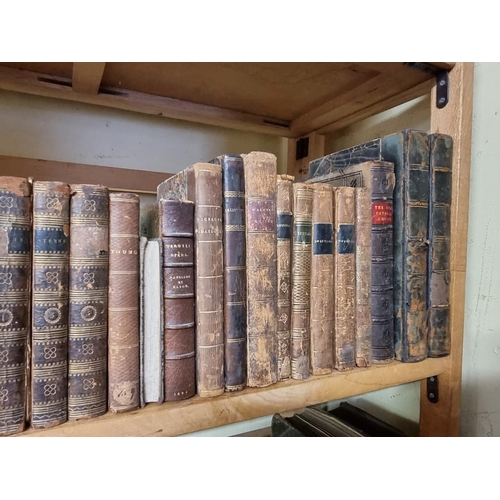 94 - ANTIQUARIAN: a quantity of antiquarian books over 5 shelves, the majority calf bound, approx 11... 