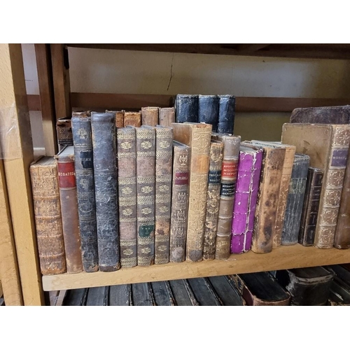 94 - ANTIQUARIAN: a quantity of antiquarian books over 5 shelves, the majority calf bound, approx 11... 