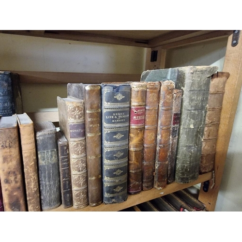 94 - ANTIQUARIAN: a quantity of antiquarian books over 5 shelves, the majority calf bound, approx 11... 