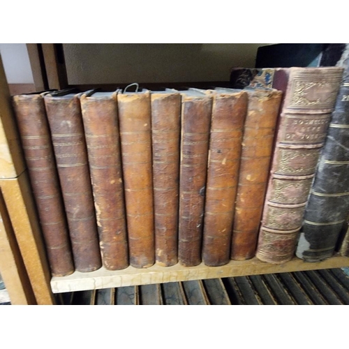 94 - ANTIQUARIAN: a quantity of antiquarian books over 5 shelves, the majority calf bound, approx 11... 