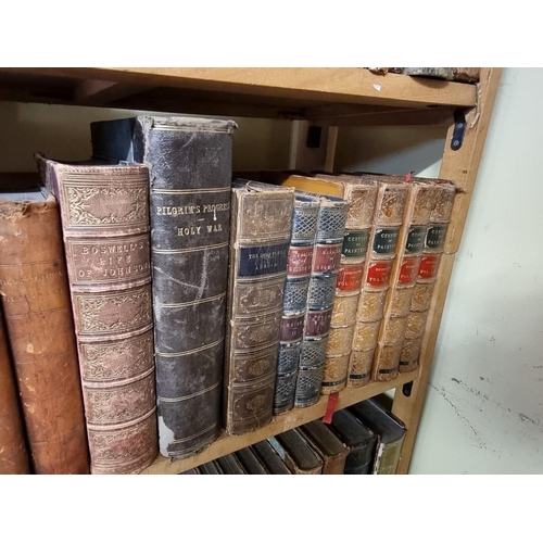 94 - ANTIQUARIAN: a quantity of antiquarian books over 5 shelves, the majority calf bound, approx 11... 