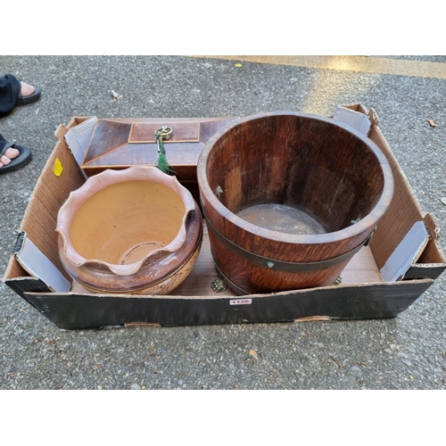 1126 - An old banded barrel; together with an old tea caddy, Doulton jardiniere and a small box. ... 