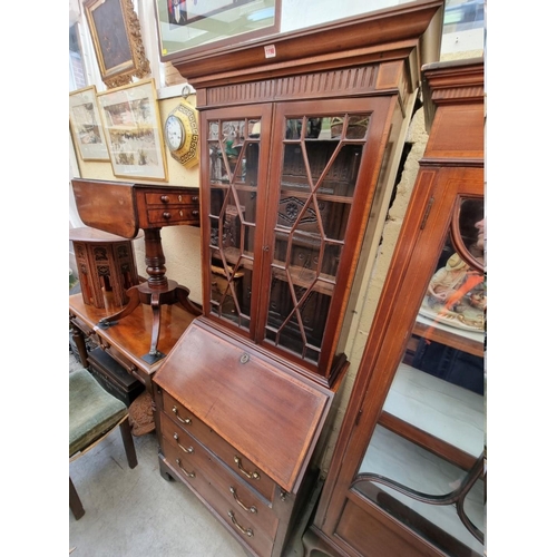 1198 - An Edwardian mahogany and satinwood crossbanded bureau bookcase, 76.5cm wide, (top and base associat... 