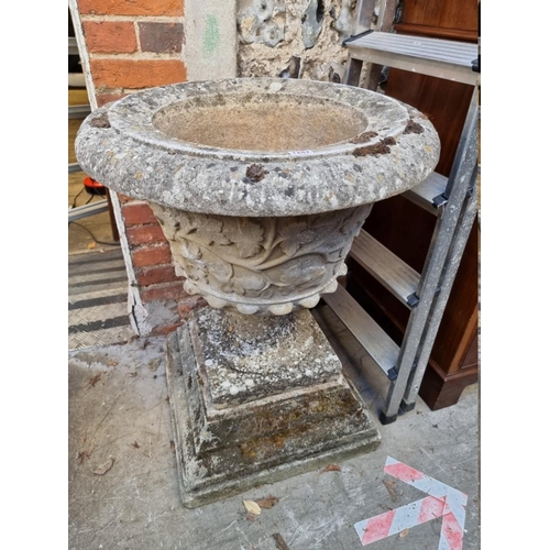 1247 - A large and impressive weathered composition stone pedestal planter, on stepped square base, 84cm hi... 