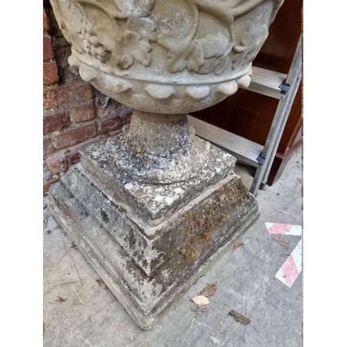 1247 - A large and impressive weathered composition stone pedestal planter, on stepped square base, 84cm hi... 