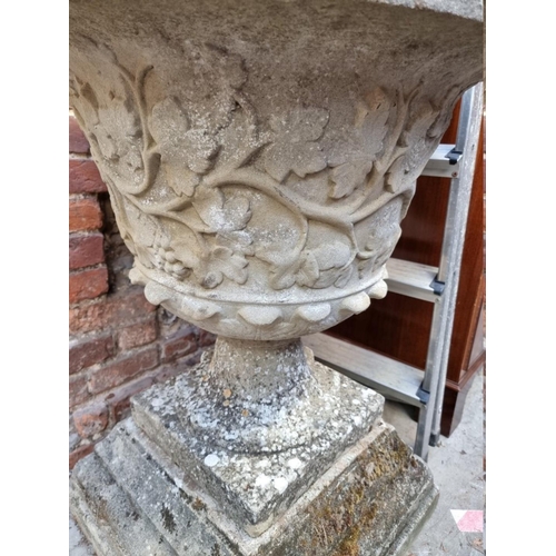 1247 - A large and impressive weathered composition stone pedestal planter, on stepped square base, 84cm hi... 