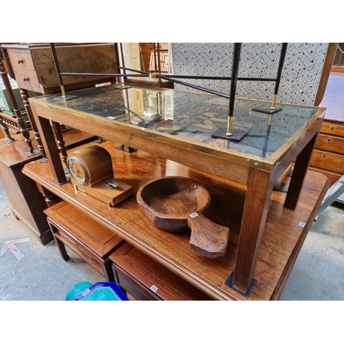 1250 - A vintage printing block rectangular low occasional table, the brass edged top inset with typeface o... 