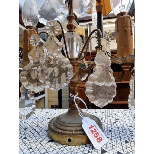 1258 - (ML) A pair of brass and faceted glass drop twin branch table lamps, 31cm high. ... 