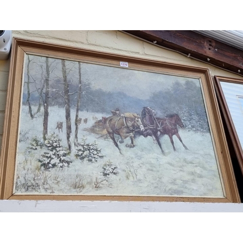 1270 - * Geczoty, horse drawn sleigh in winter landscape, indistinctly signed and 76, oil on canvas, 49 x 6... 