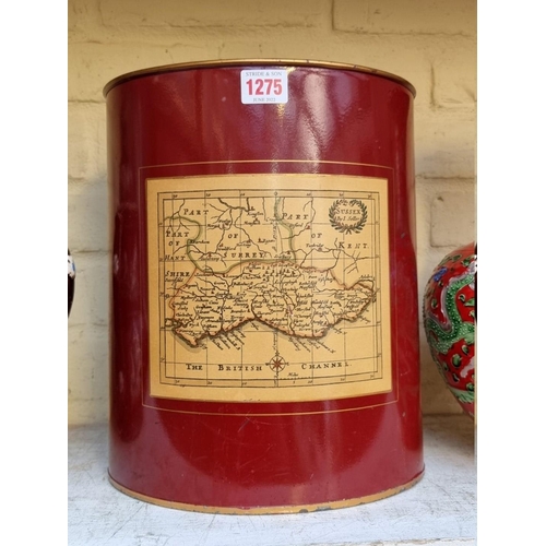 1275 - (ML) A 1950s/60s toleware wastepaper bin, printed with a map of Sussex, 30.5cm high.... 