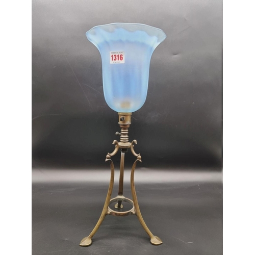 1316 - A WAS Benson brass and blue vaseline glass tripod table lamp, 45cm high.