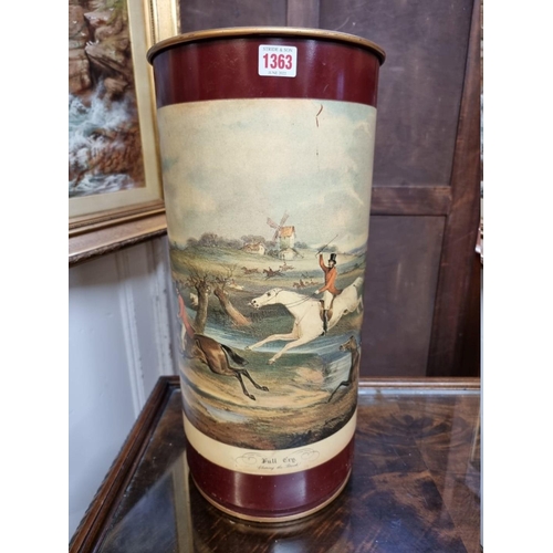 1363 - A vintage toleware stick stand, printed with a steeple chase scene, 50.5cm high.