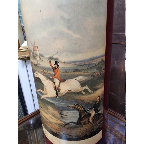 1363 - A vintage toleware stick stand, printed with a steeple chase scene, 50.5cm high.