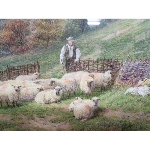 1370 - George Shalders, a shepherd and his flock on the South Downs, signed and dated 1870, watercolour and... 