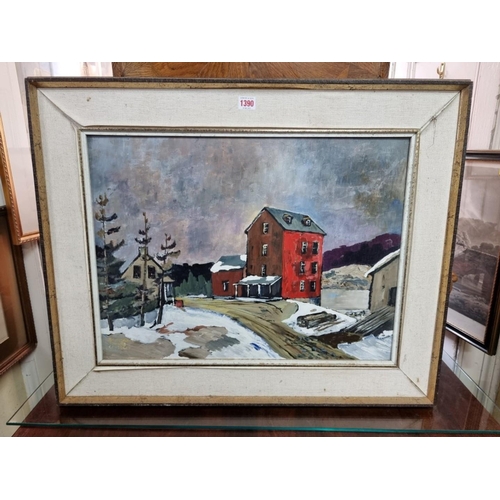 1390 - Constance Burns Crossley, '#1 Streetsville', signed and further inscribed verso, oil on board, 44 x ... 