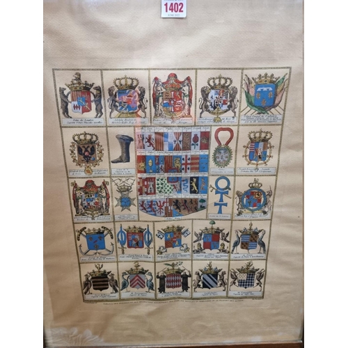 1402 - Heraldry: two old coloured prints of European coats of arms, largest 55 x 80cm. (2)