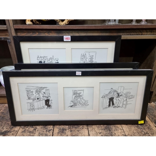 1403 - Stanley 'Mac' McMurtry (cartoonist), a set of ten pen and ink cartoons, largest 16.5 x 18.5cm, frame... 