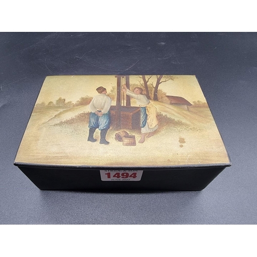 1494 - (ML) A 19th century Russian papier mache casket, painted with two figures by a well, 15cm wide. ... 