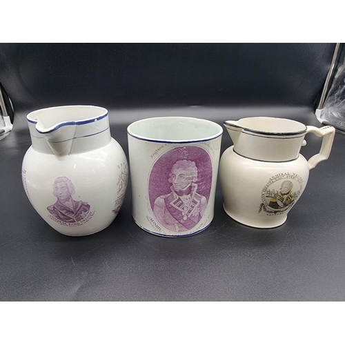 1517 - Three interesting early 19th century Horatio Nelson commemorative pottery items, largest 14cm high.... 