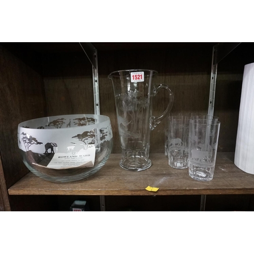 1521 - A Rowland Ward clear glass 'Safari' lemonade jug and five beakers, each finally engraved with a Big ... 