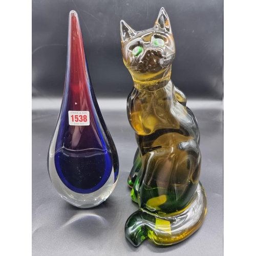 1538 - A Murano glass cat, in the manner of Seguso, 34.5cm high; together with another art glass sculpture,... 