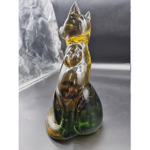 1538 - A Murano glass cat, in the manner of Seguso, 34.5cm high; together with another art glass sculpture,... 