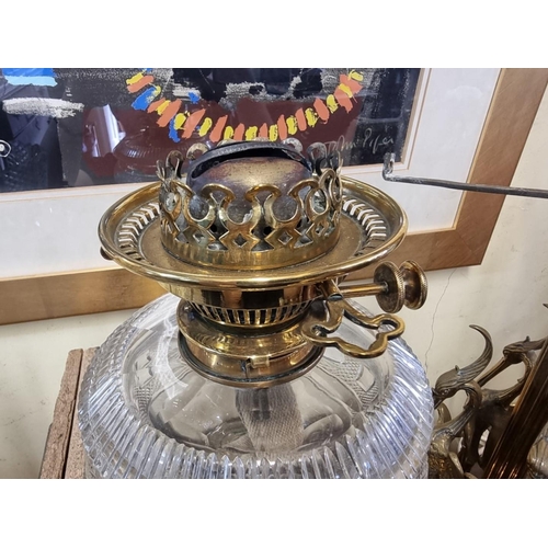 1563 - A good antique brass and cut glass oil lamp, 45cm high.