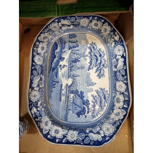 1571 - A collection of blue and white pottery and porcelain, to include a Victorian meat plate, 42.5cm... 